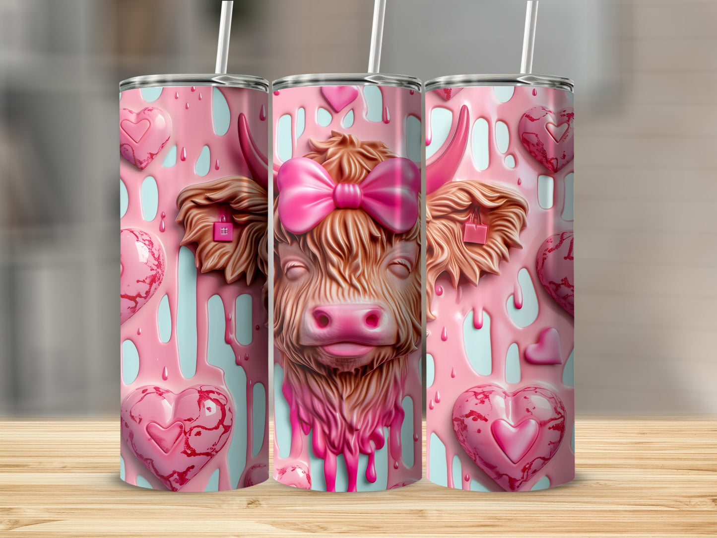 Pink Highland cow with dripping pink icing and hearts on a tumbler.