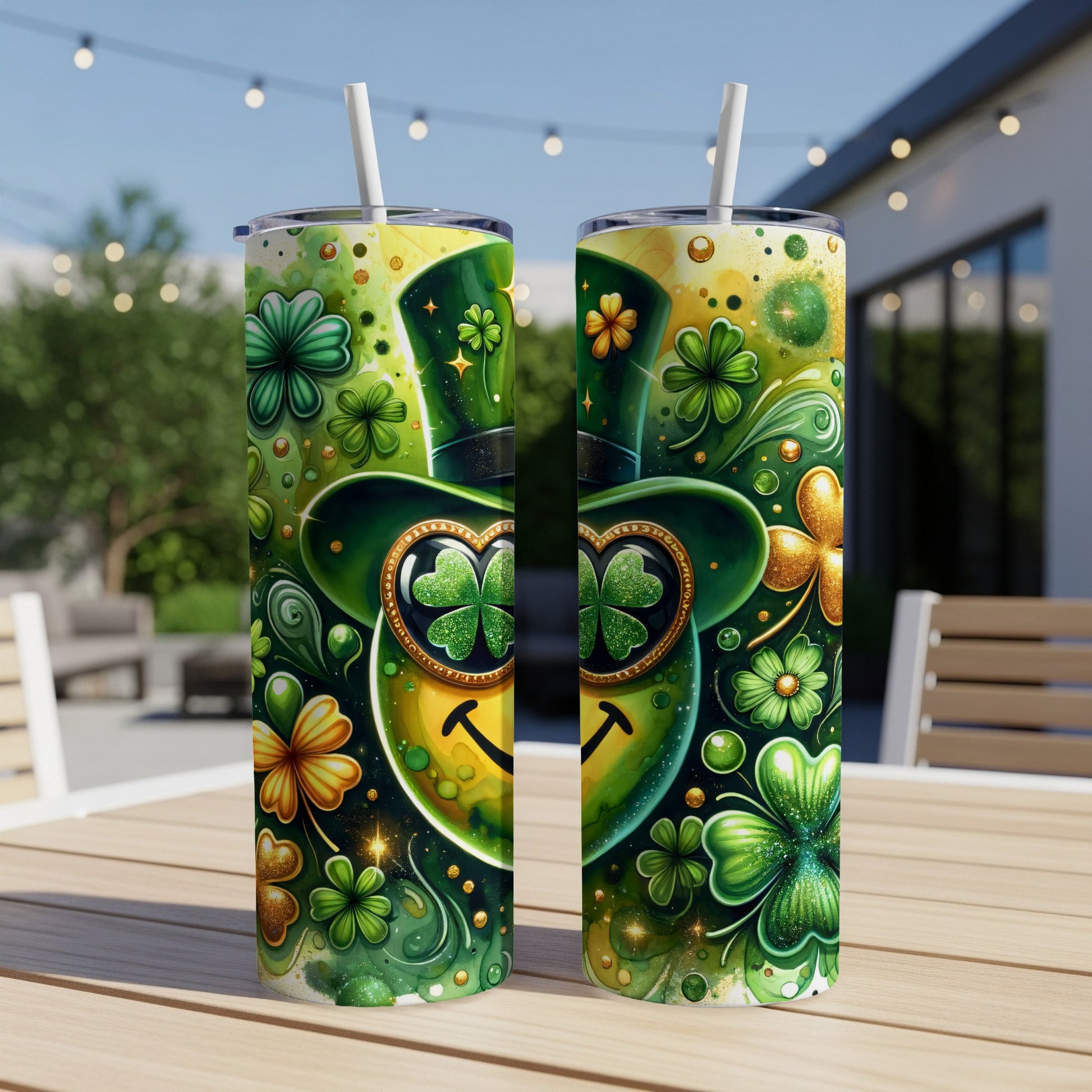 Two St. Patrick's Day tumblers with clover and smiley face designs.