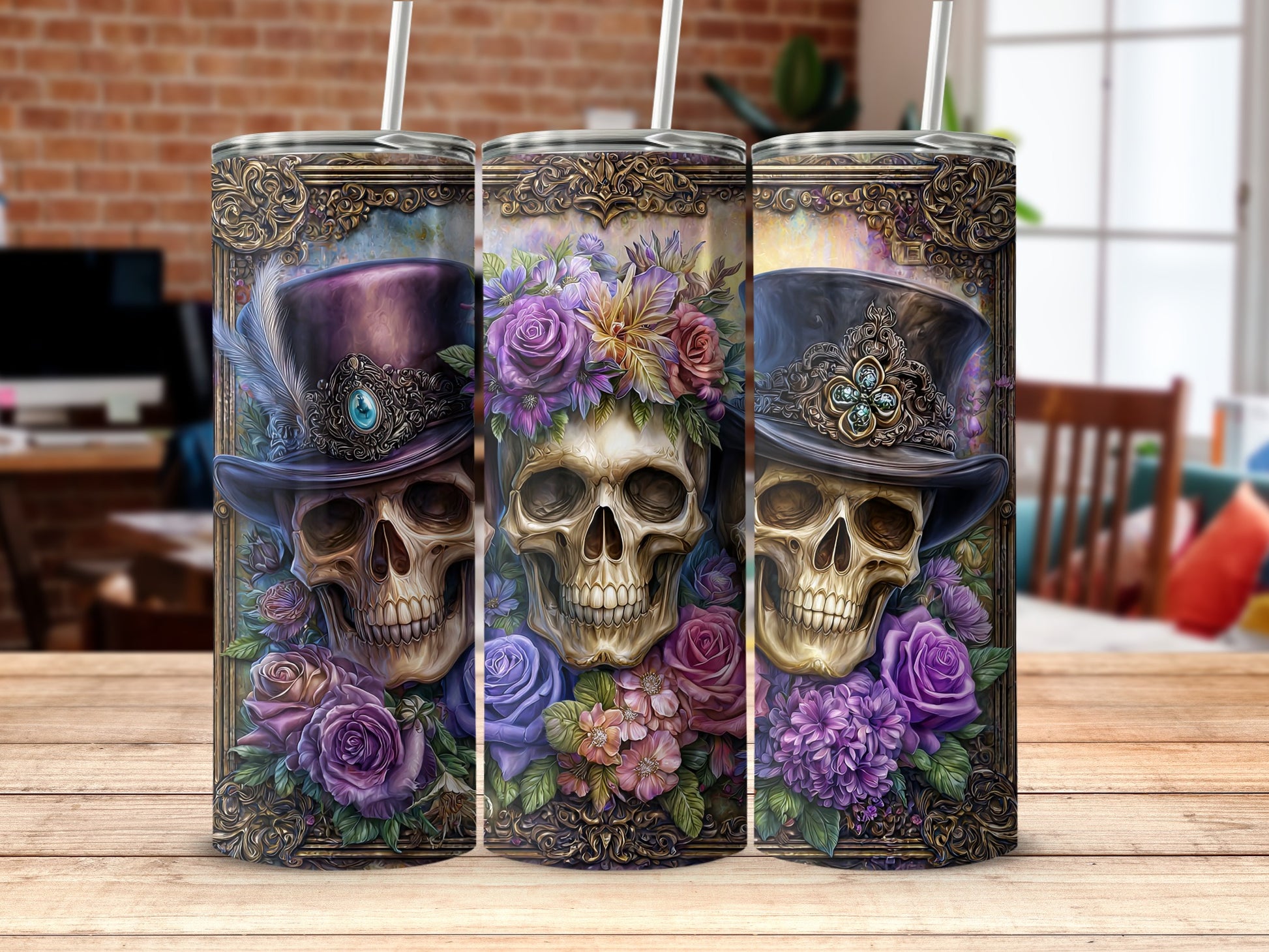 Stylish Skull Design Insulated Tumbler with Floral Art
