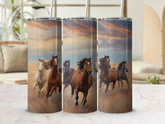 Three tumblers with a herd of horses running through a field.
