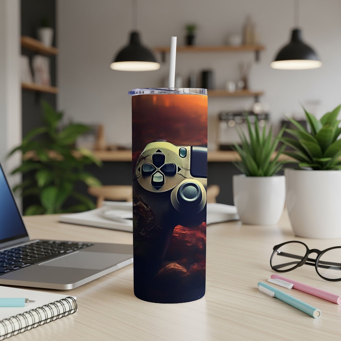 Gamer tumbler featuring a vintage video game controller on a rustic background.