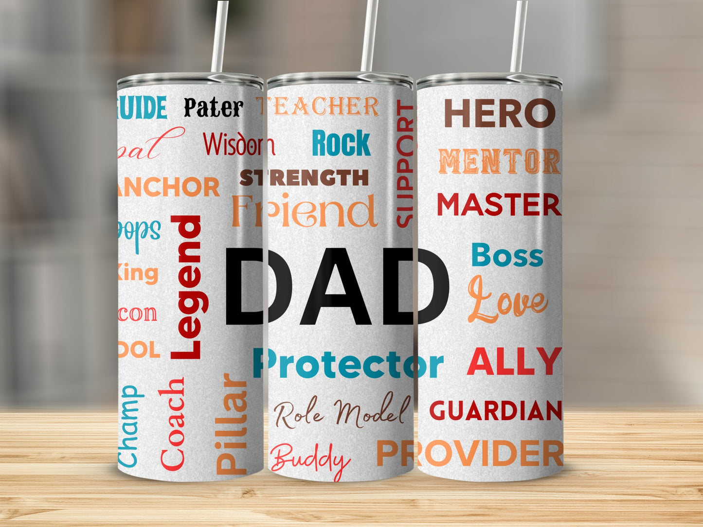 Three tumblers with "DAD" and positive fatherhood words like Hero, Mentor, Protector.
