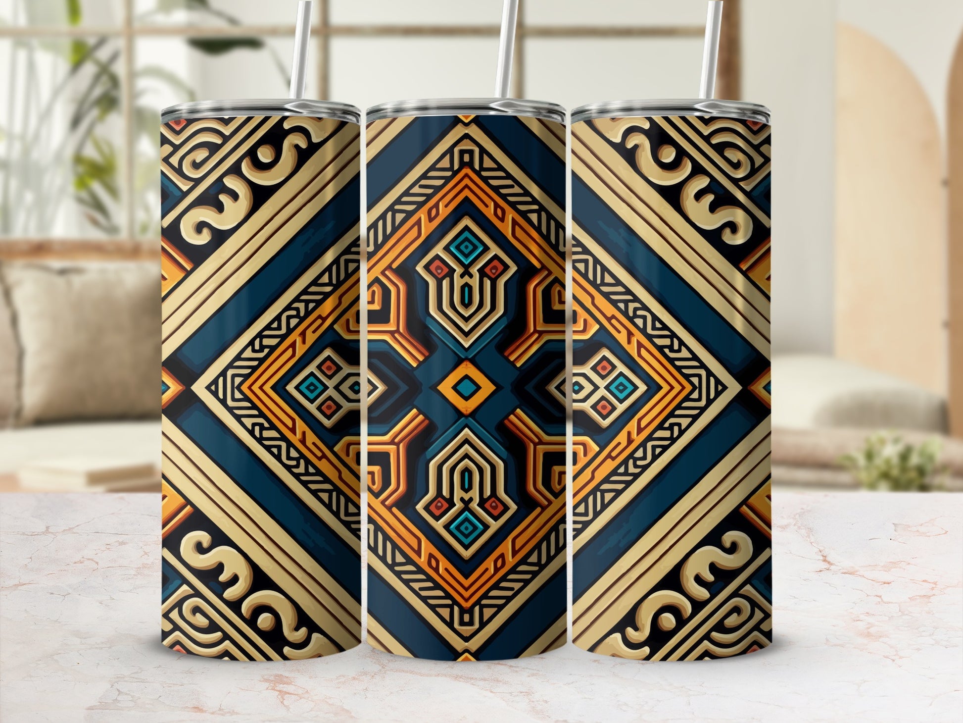 Geometric Aztec Patterned Design Insulated Tumbler