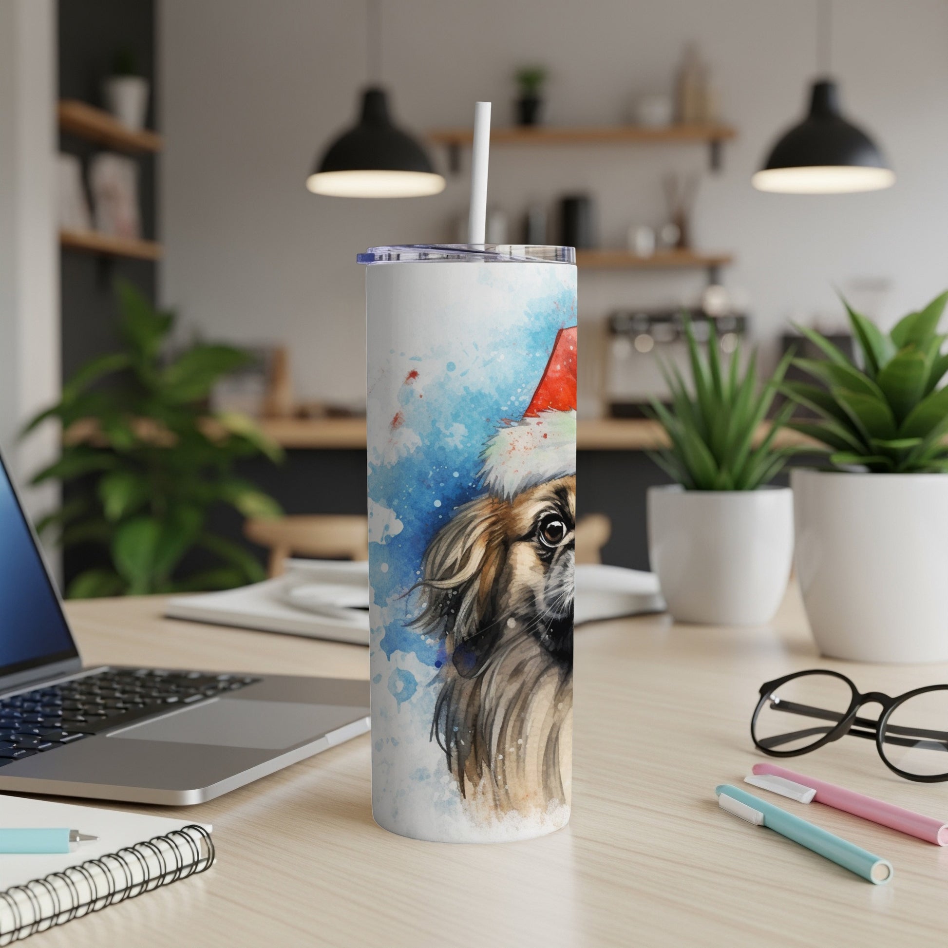 Watercolor dog with Santa hat on a white tumbler with straw.