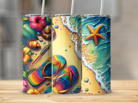 Three colorful tumblers with beach and tropical motifs.