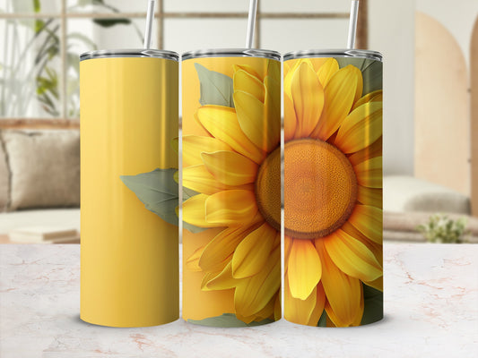 Three yellow tumblers featuring a large sunflower design.