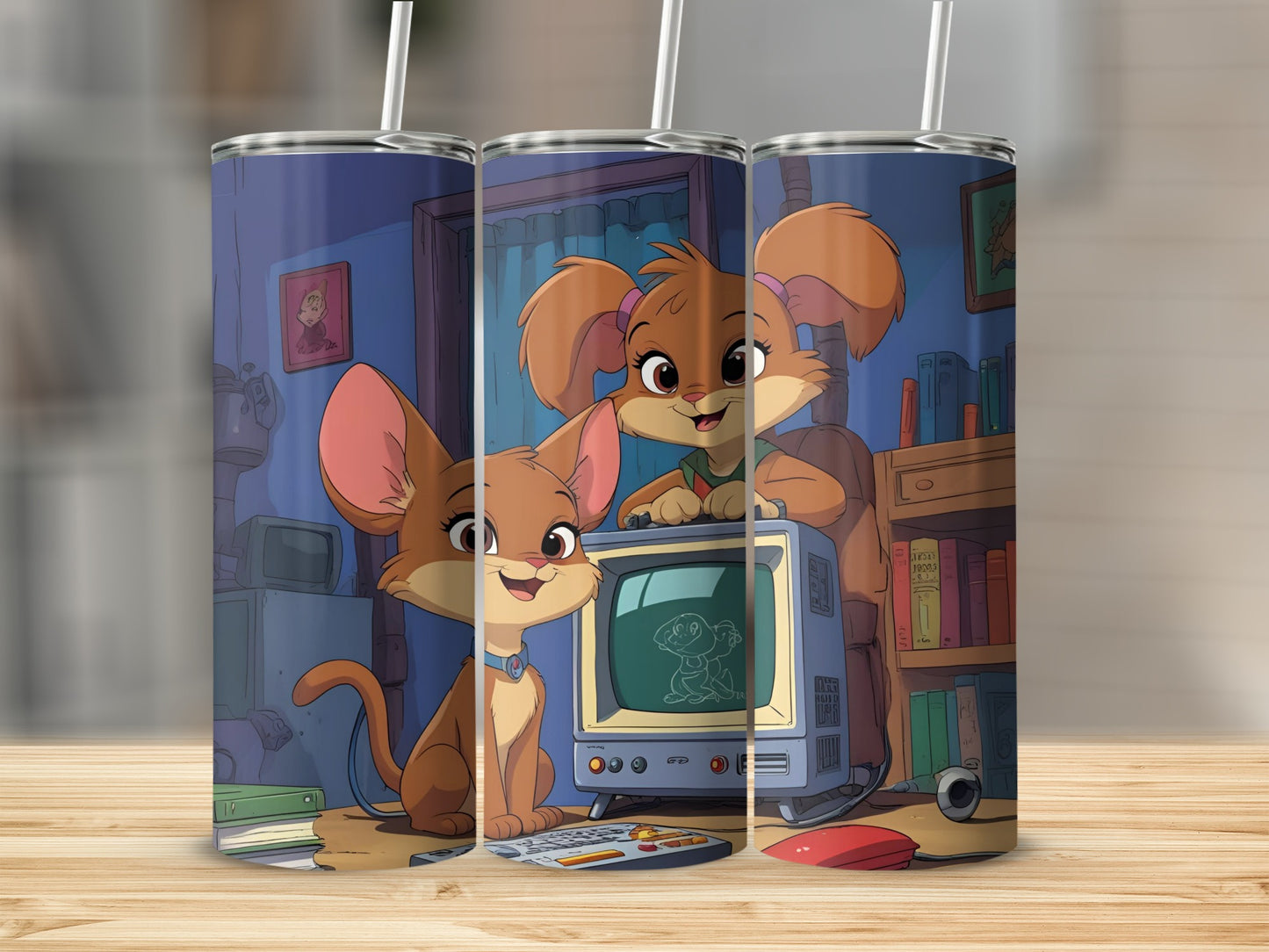 Adorable Cartoon Mice Watching TV Tumbler Product