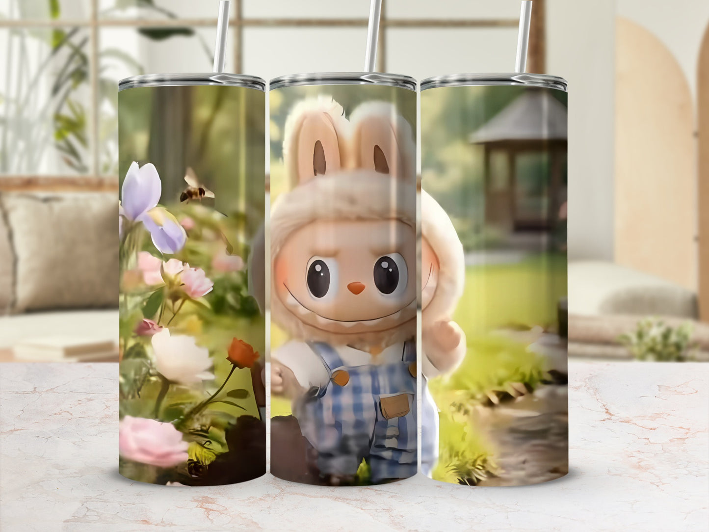 Cute Bunny and Flowers Scene on Stainless Steel Tumblers