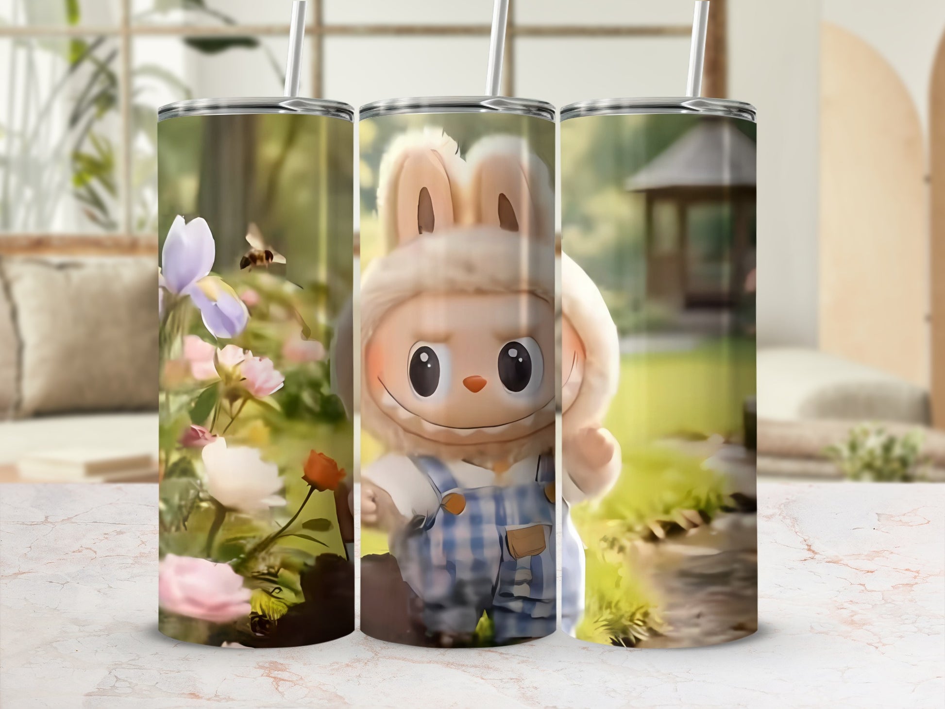 Cute Bunny and Flowers Scene on Stainless Steel Tumblers