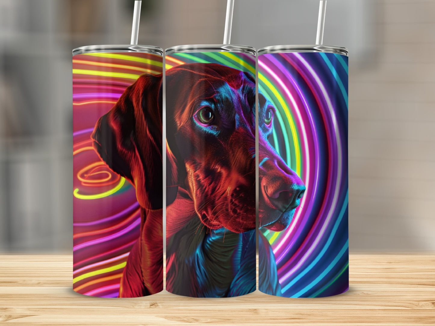 Three tumblers featuring a dog's head with colorful neon ring background.