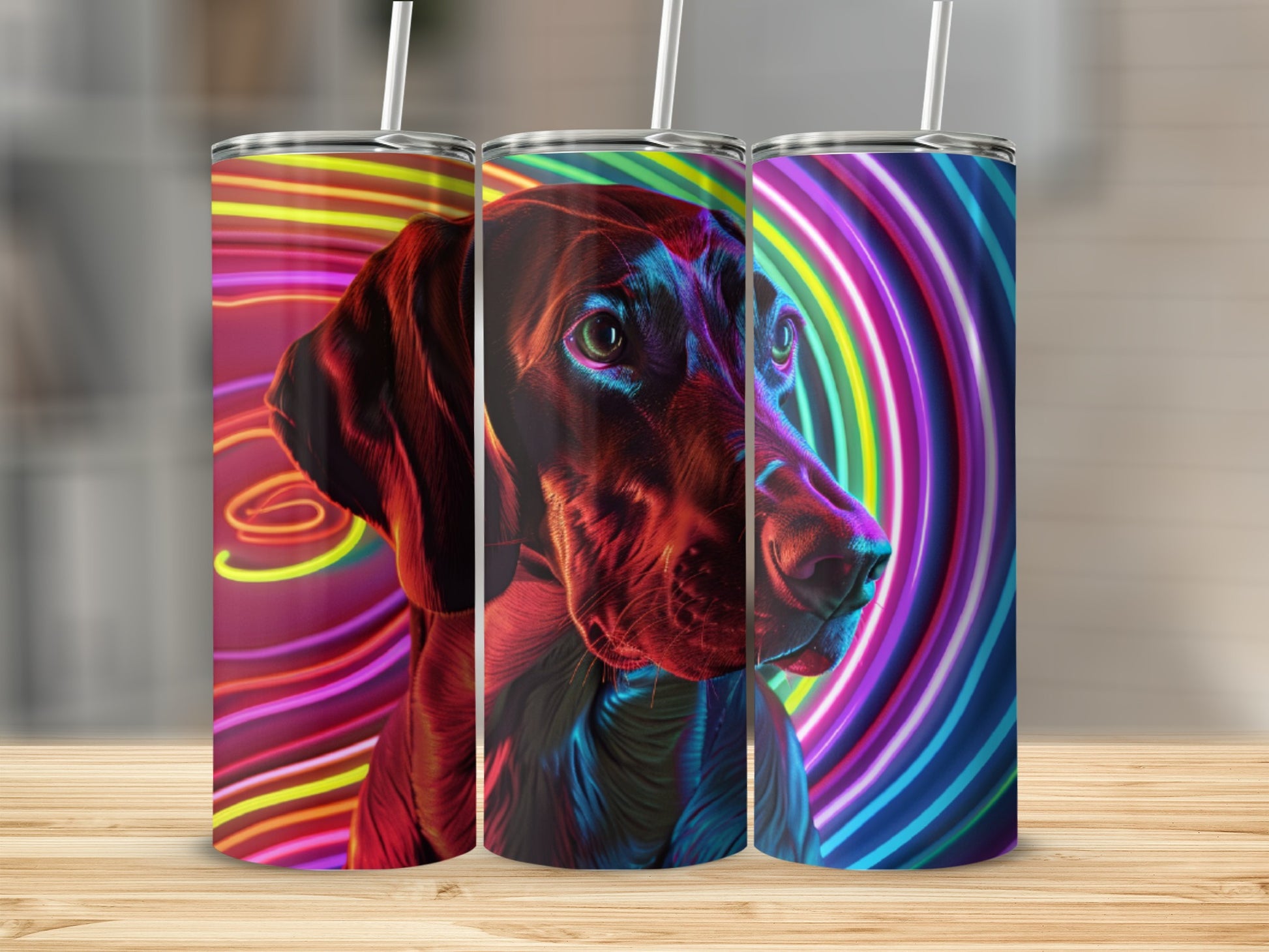 Three tumblers featuring a dog's head with colorful neon ring background.