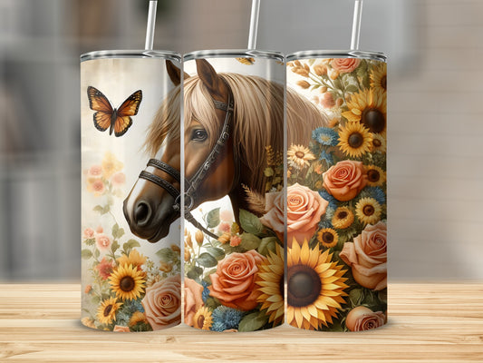 Three tumblers with horse and floral designs, one featuring a close-up horse.