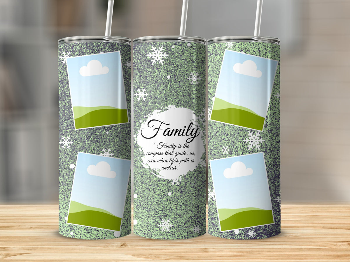 Green glitter tumbler with snowflakes, photo placeholders, and "Family" quote.