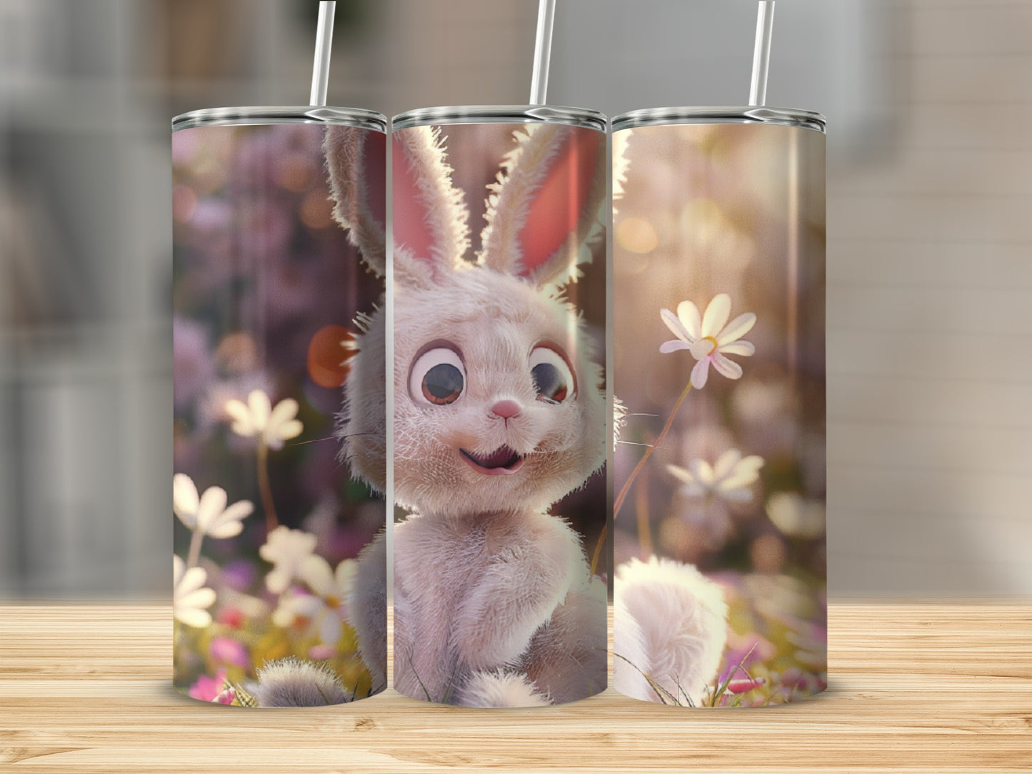 Cute cartoon bunny with big eyes and fluffy tail in a meadow.