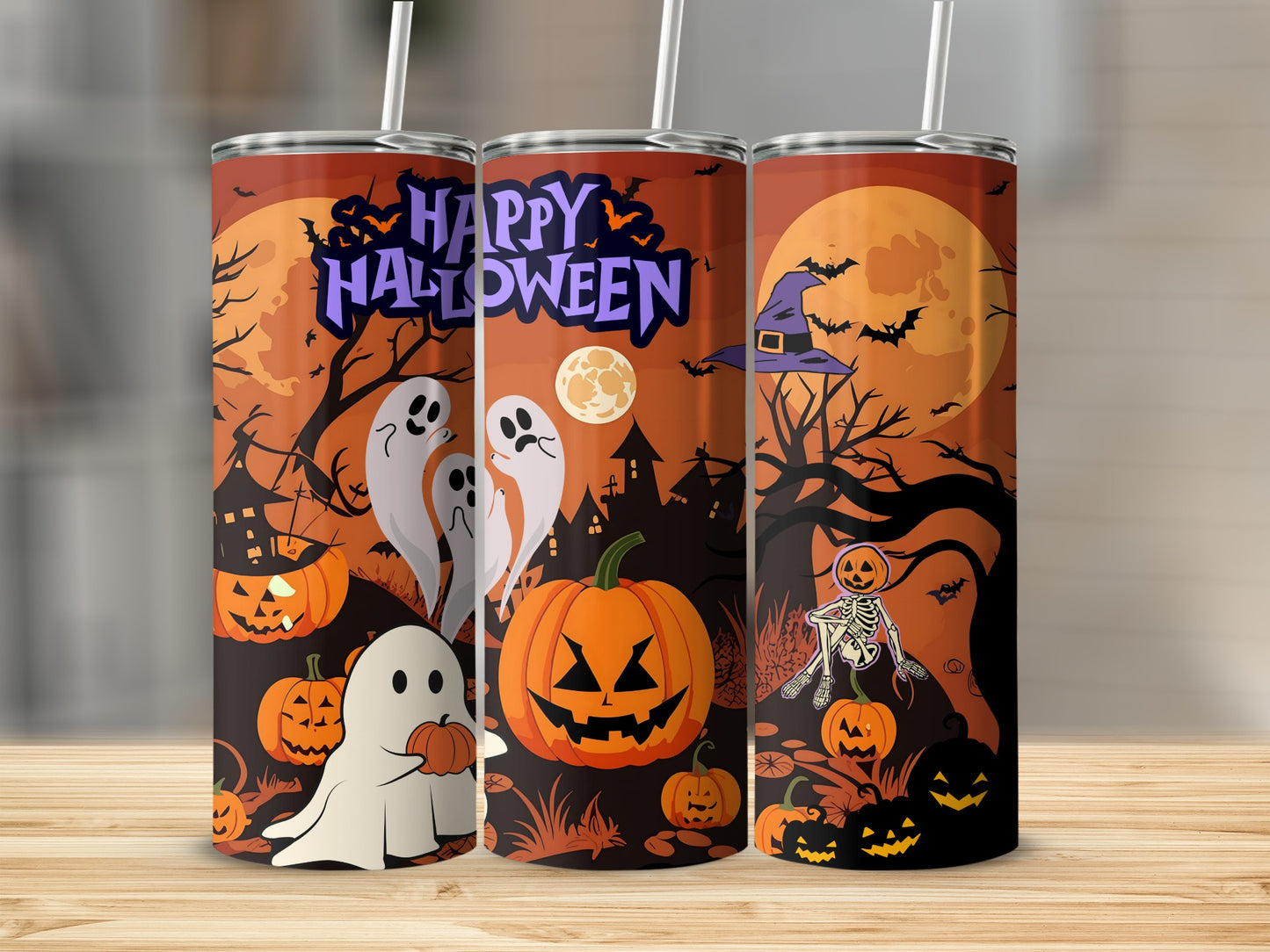 Tumblers with "Happy Halloween" text, ghosts, pumpkins, and a skeleton on a spooky background.