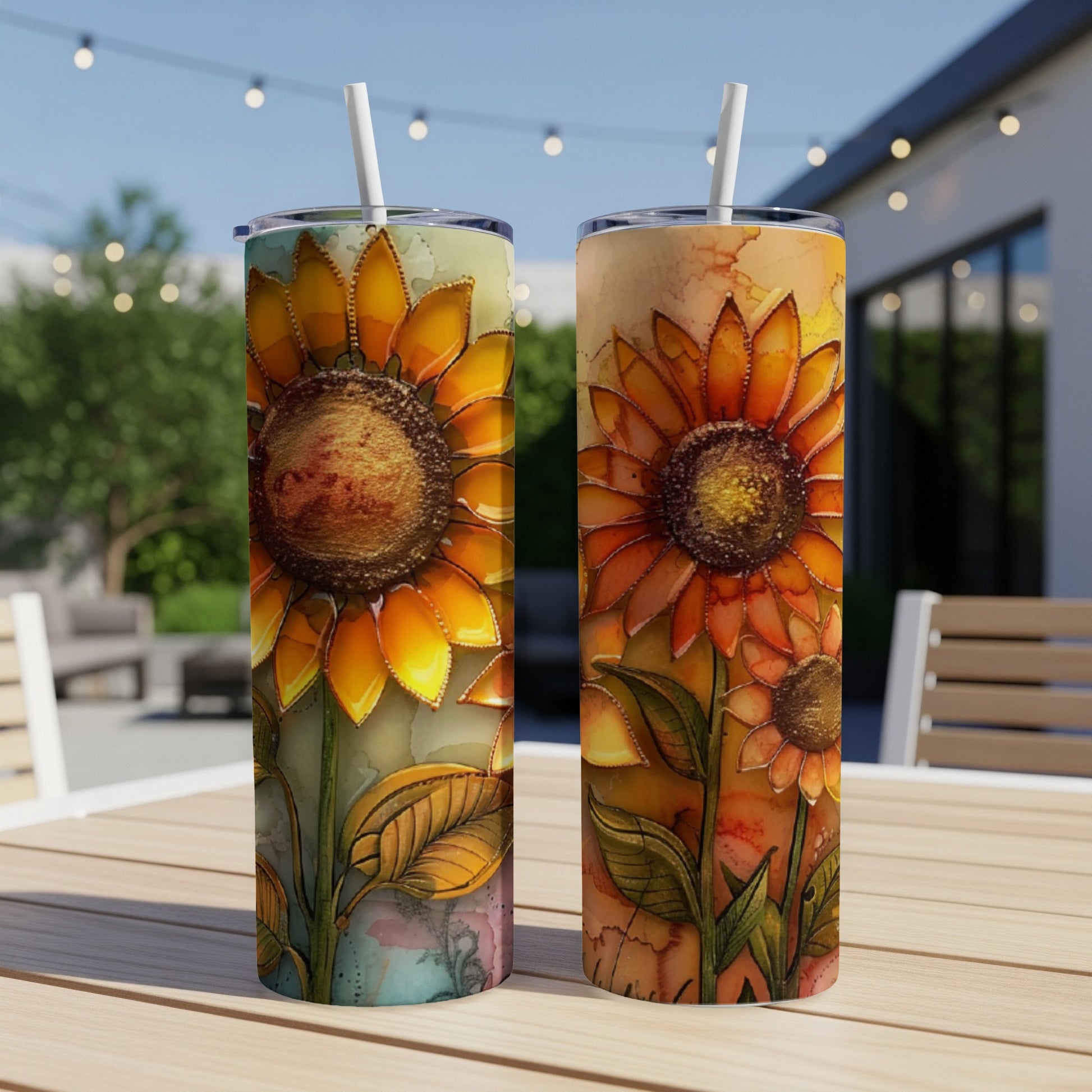 Two tall tumblers featuring watercolor sunflowers and leaves, standing on a table.