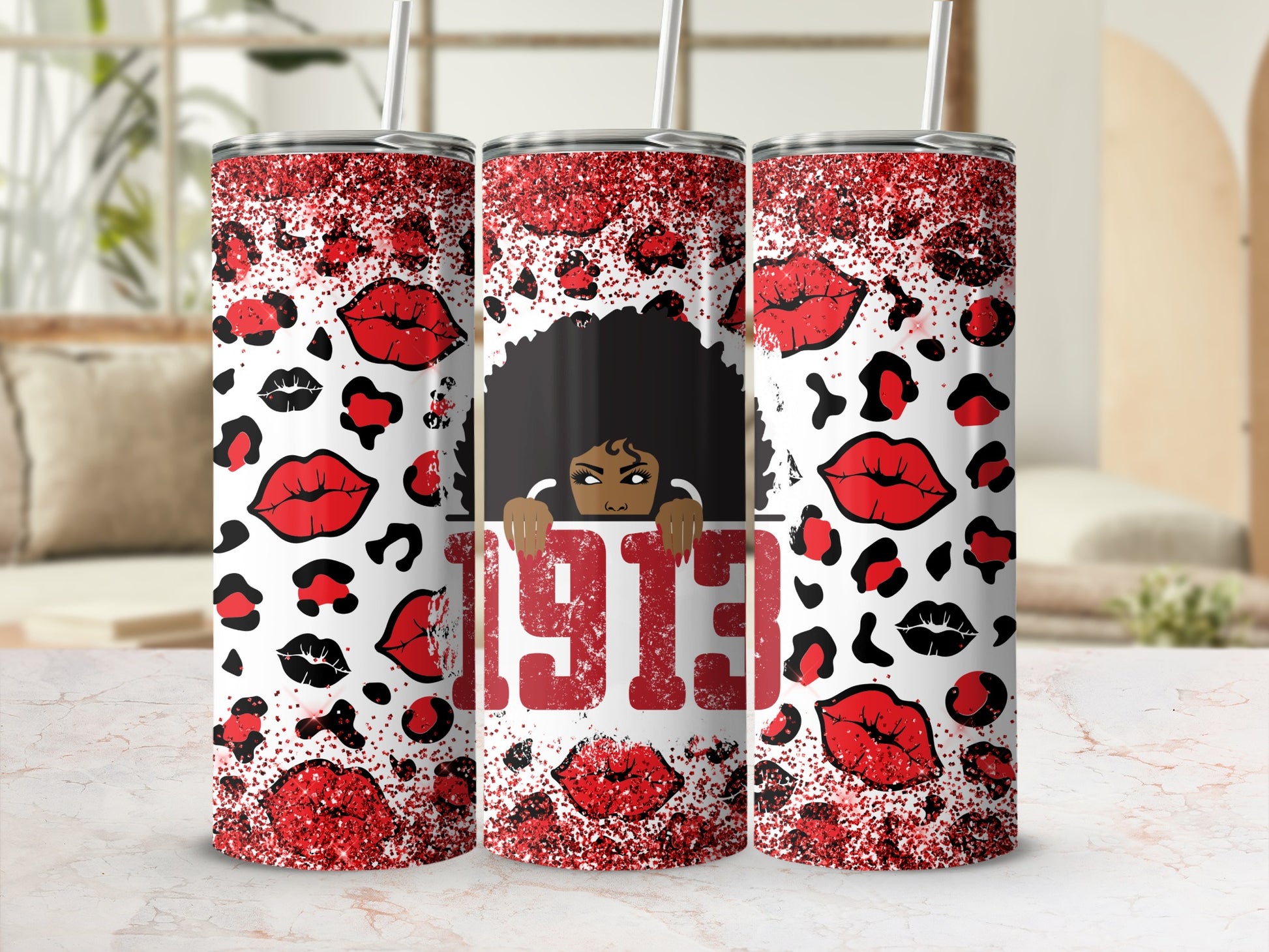 Glittery tumbler with red lips, leopard print, and "1913" text.
