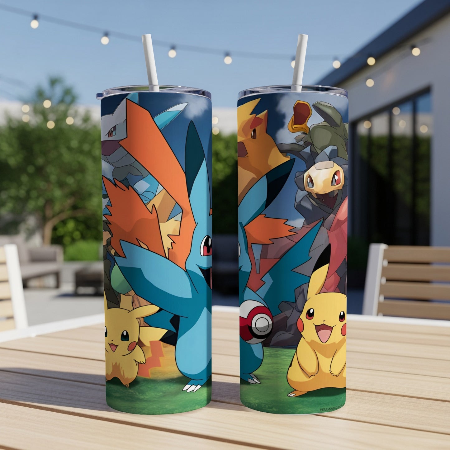 Two tall Pokémon tumblers featuring Pikachu and other characters against a blue sky.