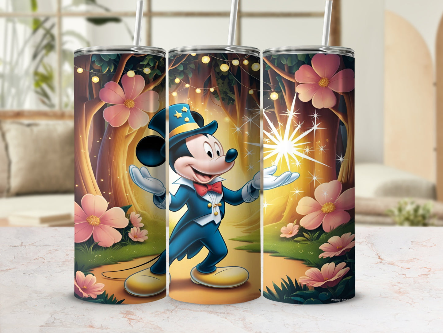 Mickey Mouse in a magician's costume in a whimsical forest setting.