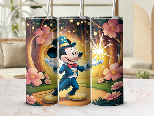 Mickey Mouse in a magician's costume in a whimsical forest setting.