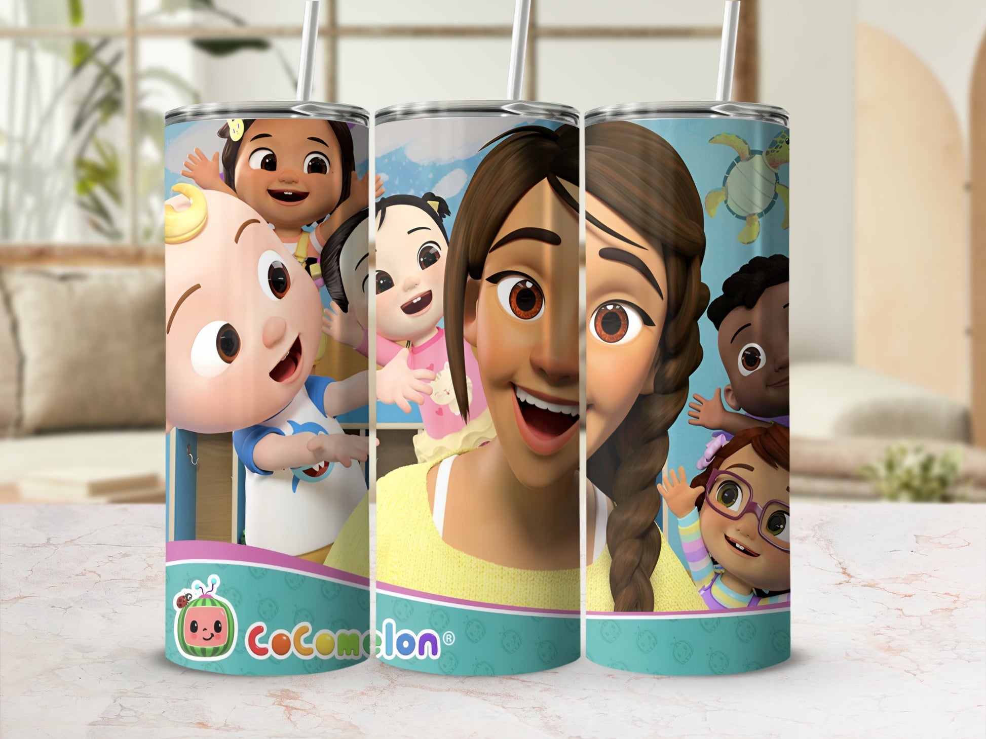 Cocomelon characters on a tumbler with straw.
