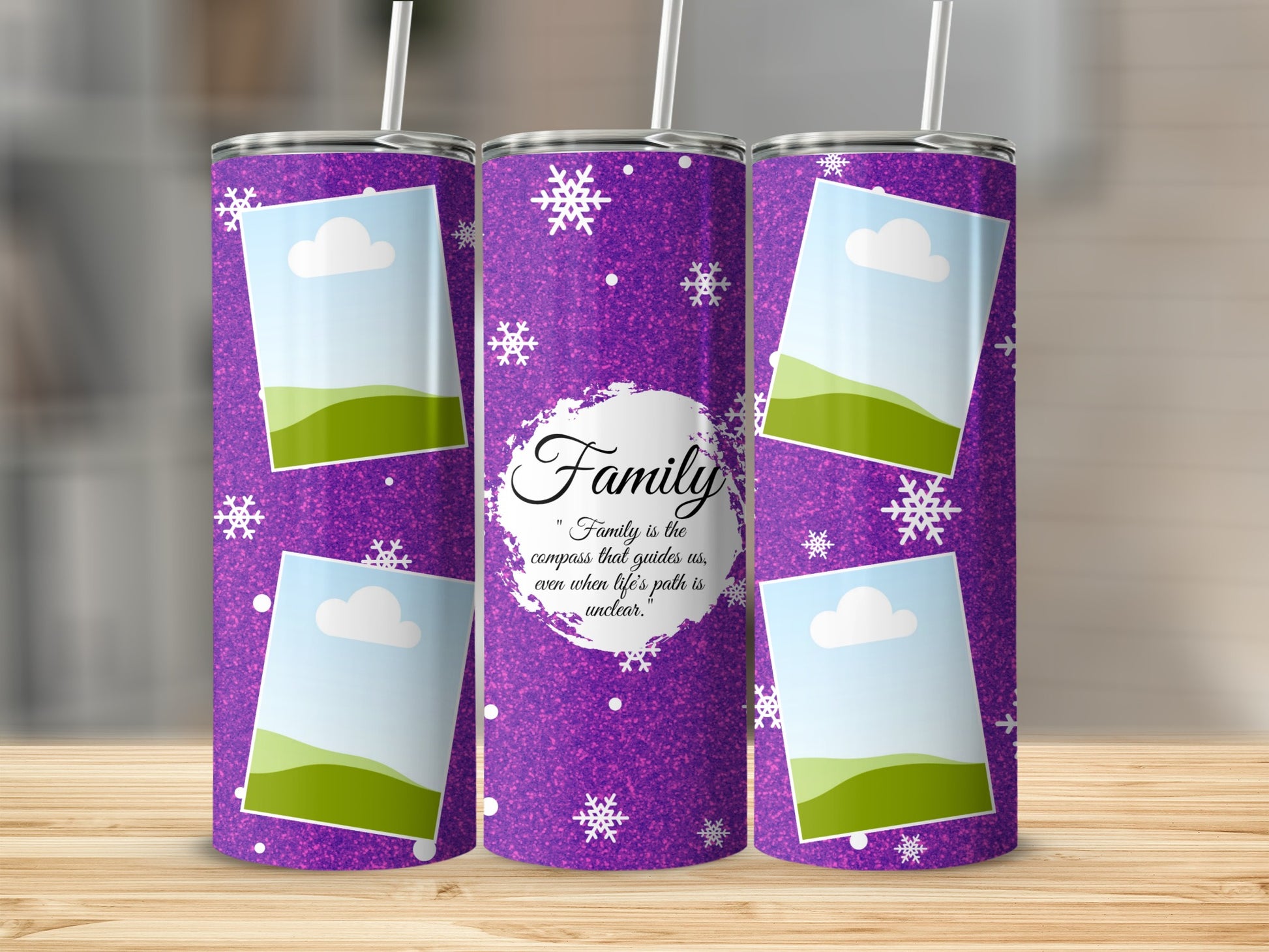 Purple glitter tumbler with snowflakes, photo frames, and the quote "Family is the compass".