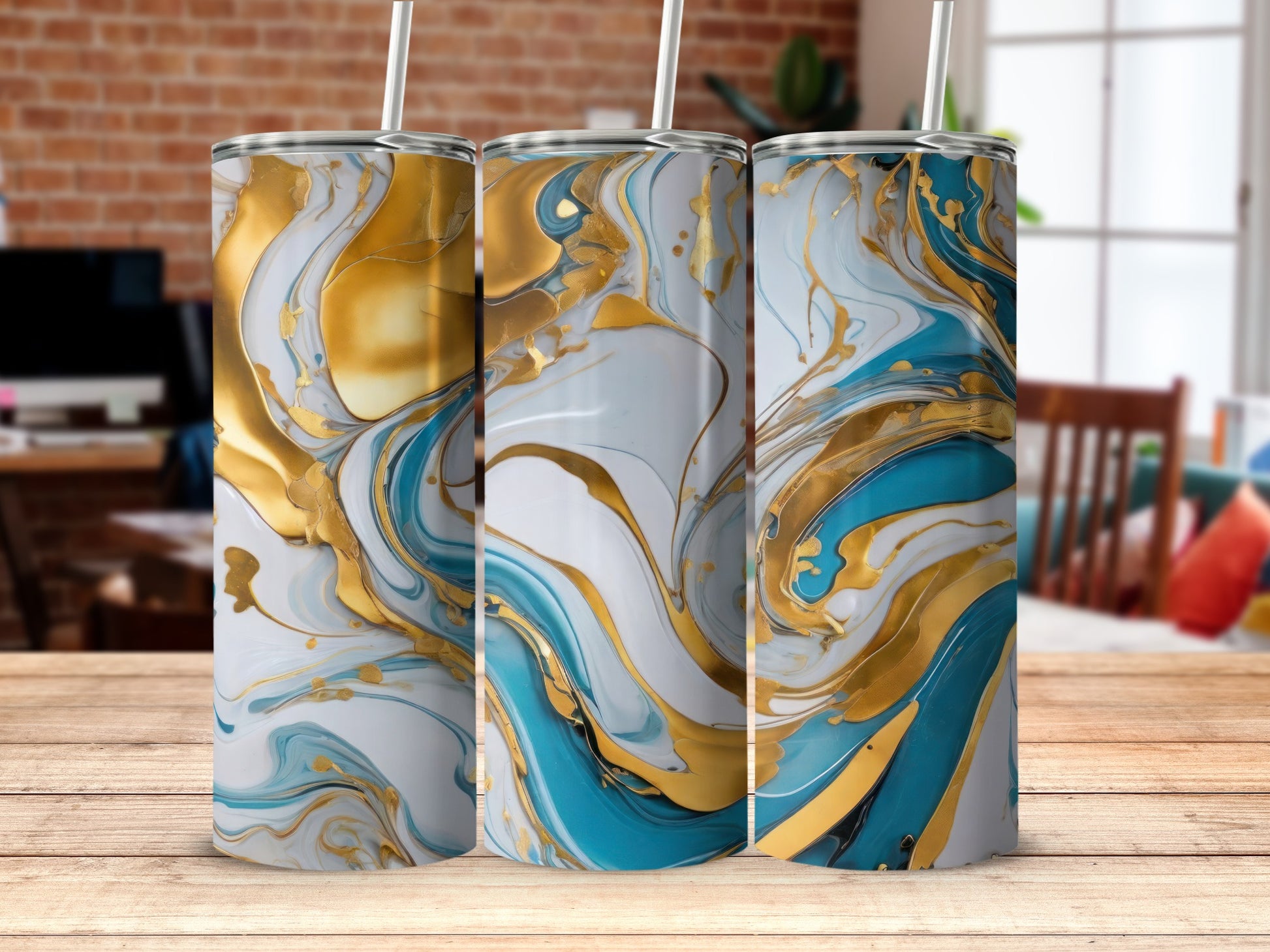 Abstract Gold Teal White Fluid Art Design Tumbler product type