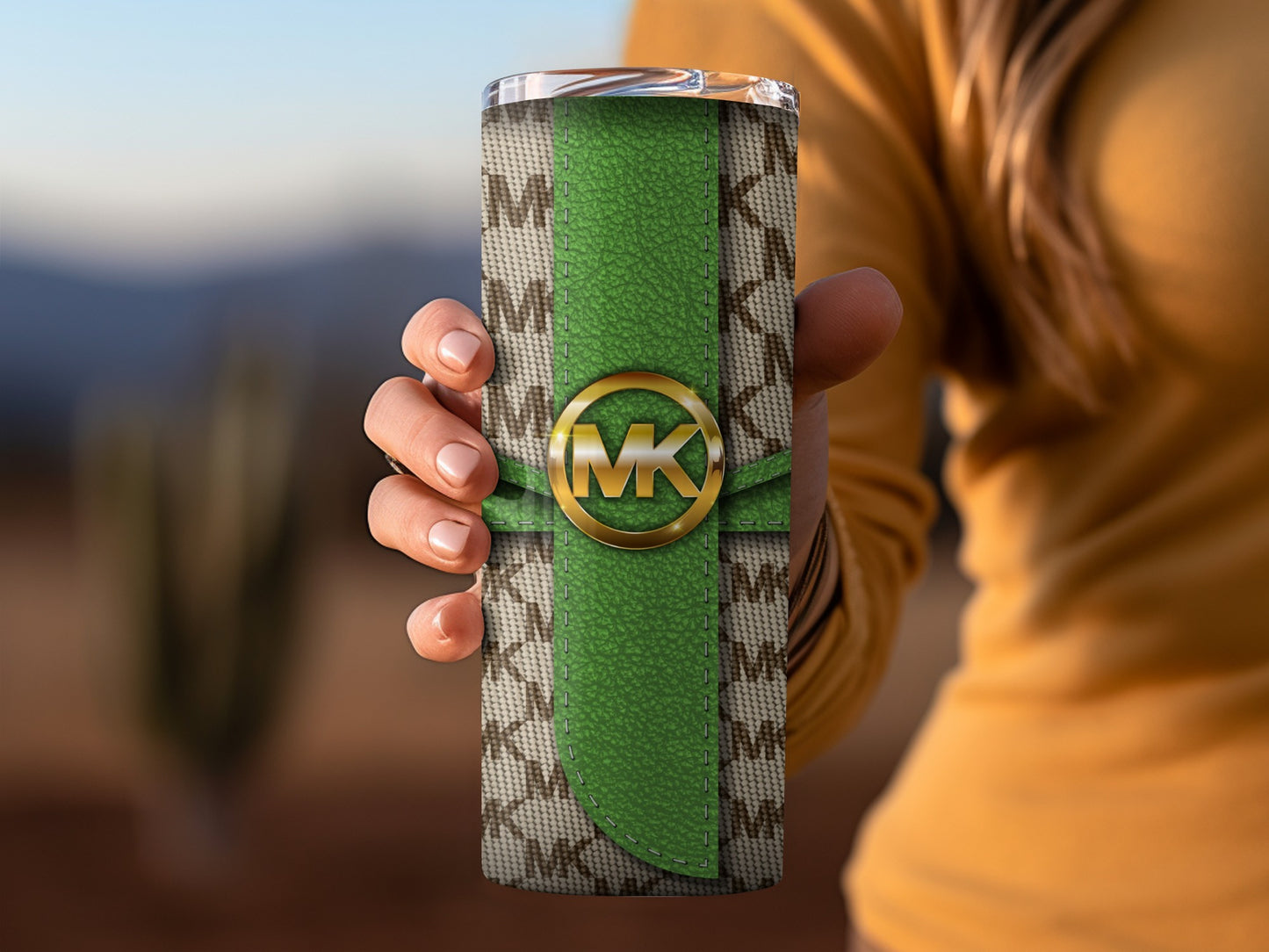Fashionable Green and Beige MK Logo Travel Tumbler