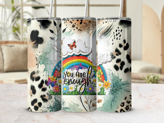Tumbler with leopard print, rainbow, butterflies, and "You Are Enough" text.