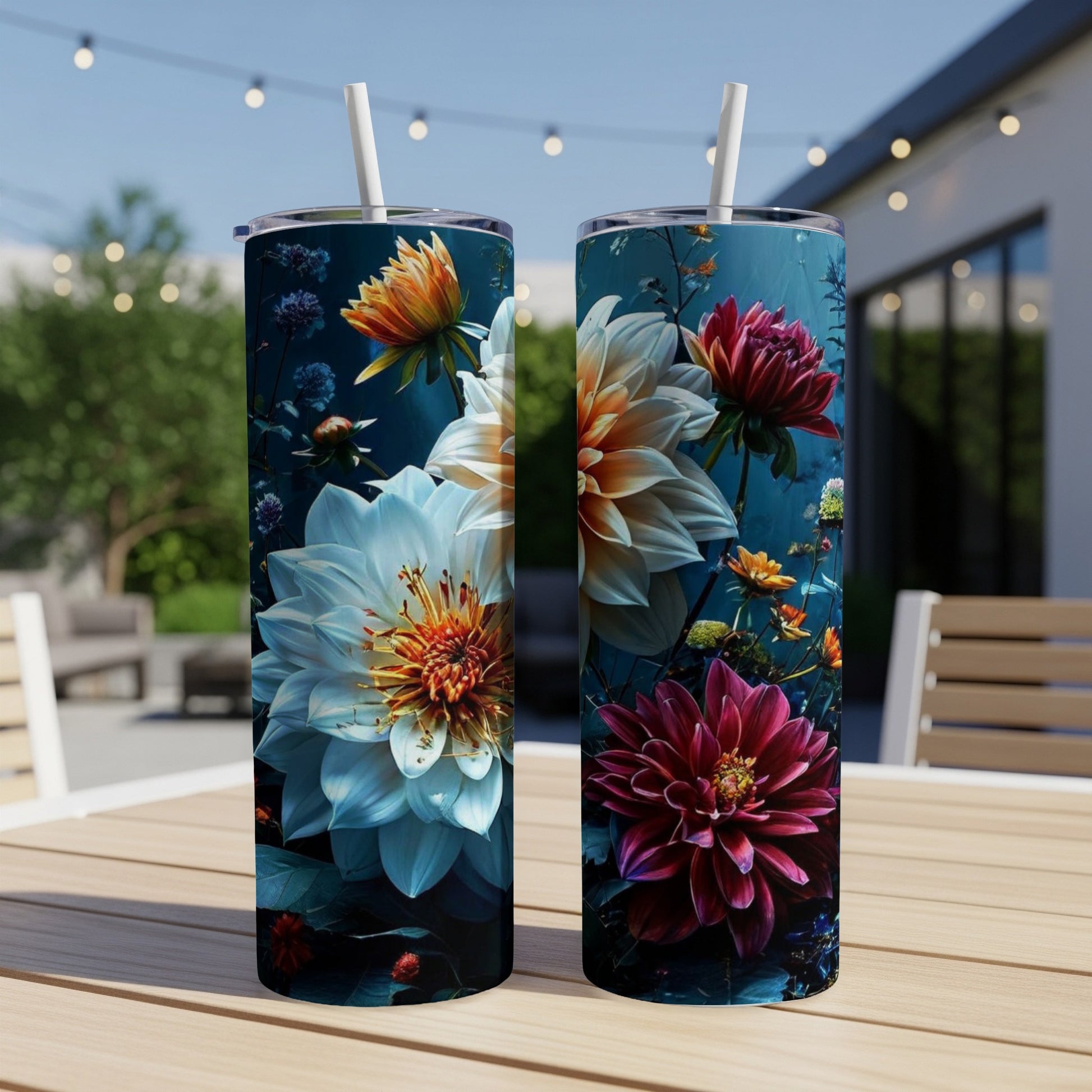 Two tumblers with floral designs, featuring dahlias and other flowers on a dark background.