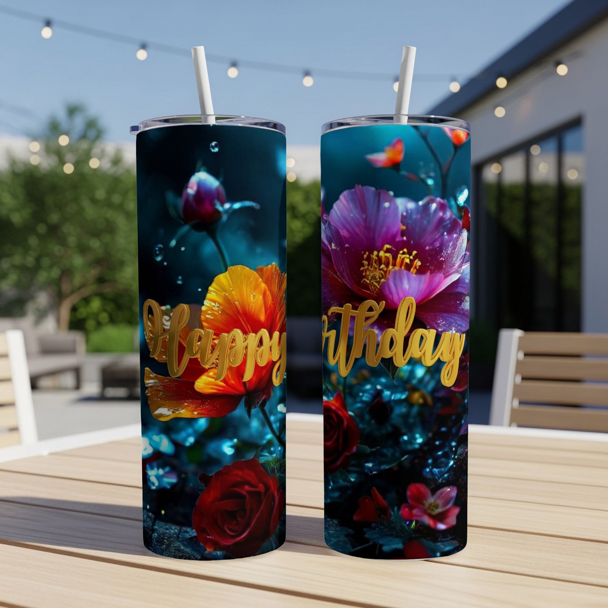 Two tumblers with floral designs and "Happy Birthday" text.