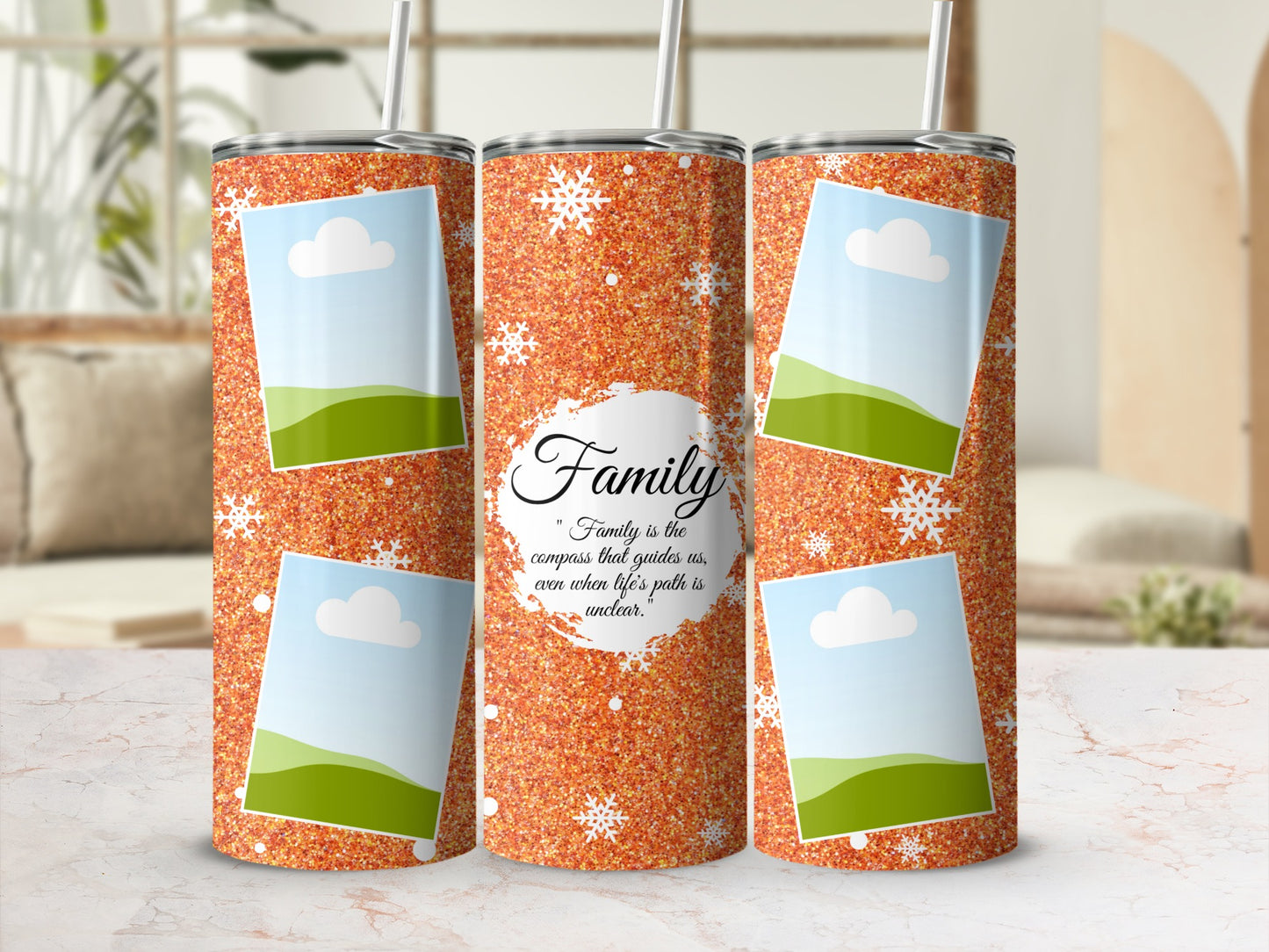 Glittery orange tumblers with snowflakes and family quote with placeholder image frames.