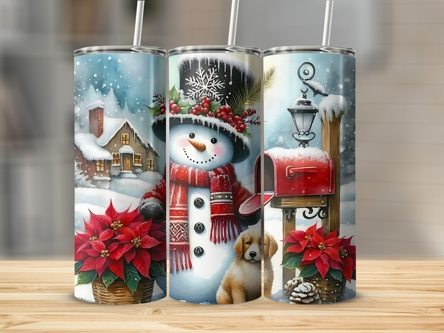 Festive Christmas Snowman and Poinsettia Holiday Tumbler