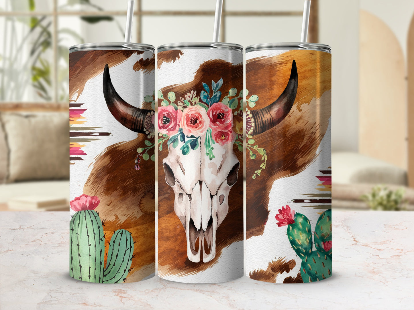 Cow skull with floral crown and cacti on a patterned background.