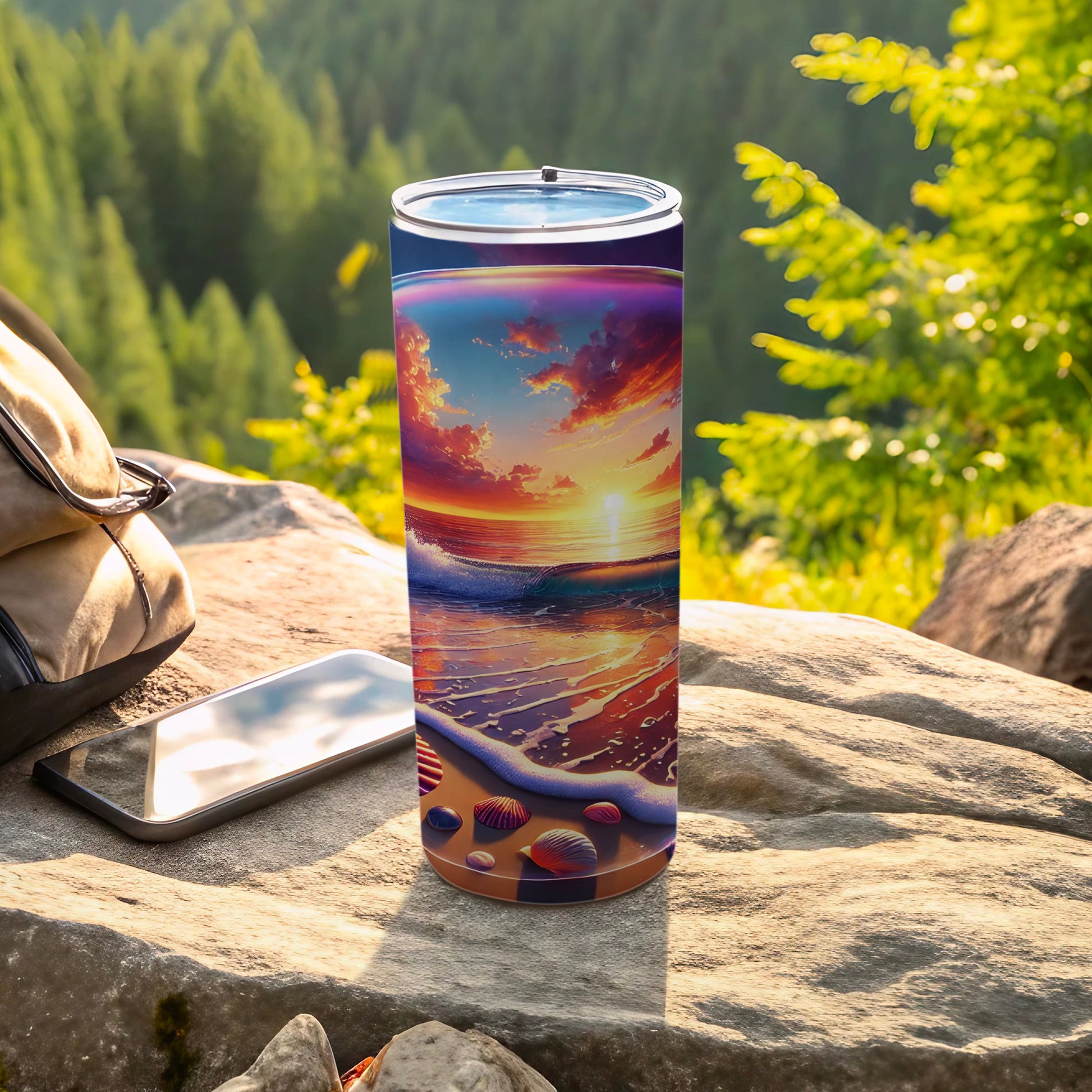 Tall tumbler with a vibrant beach sunset wrap, next to a phone and backpack.