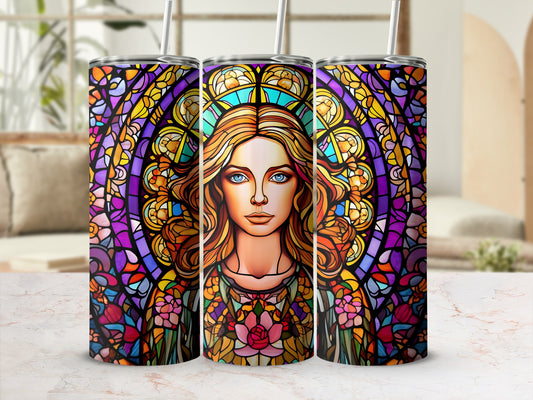 Woman's face within a stained glass floral mandala pattern.