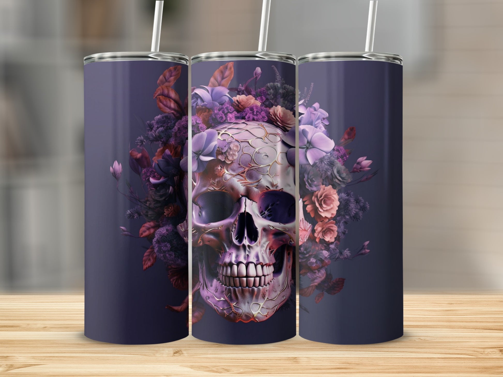 Floral Skull with Purple Accents Travel Tumbler