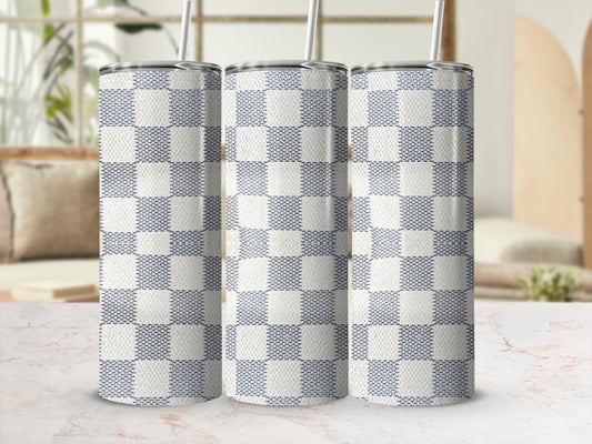 Three tumblers with a blue and white checkered pattern.