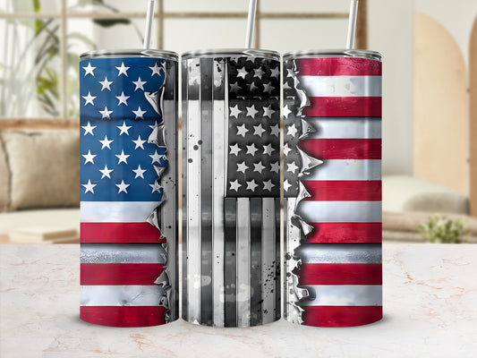 Three tumblers decorated with distressed American flag designs.