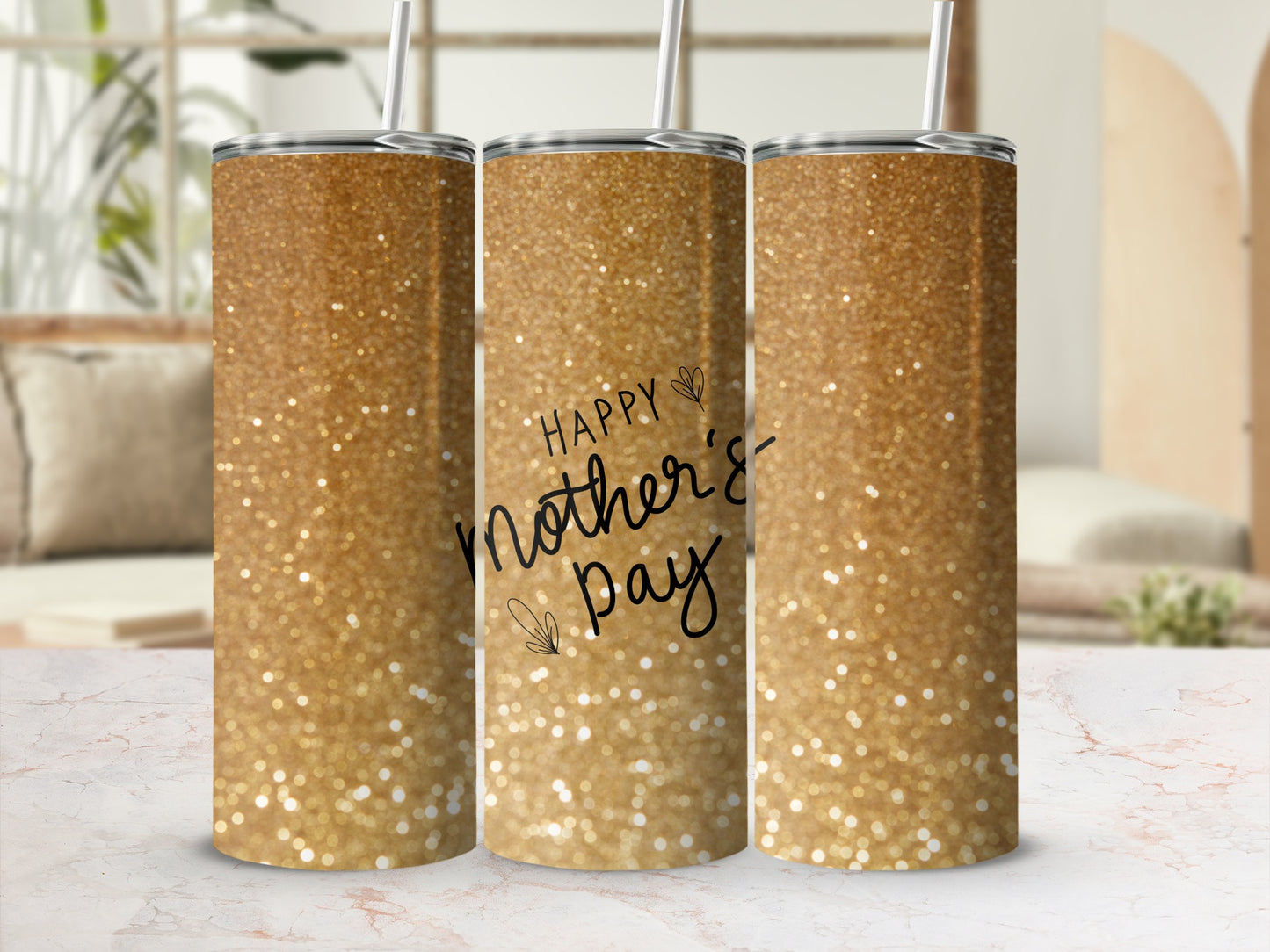 Glittering gold tumbler with "Happy Mother's Day" text.