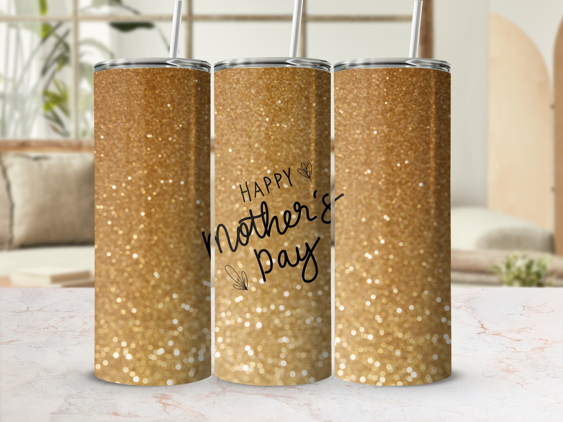 Glittering gold tumbler with "Happy Mother's Day" text.