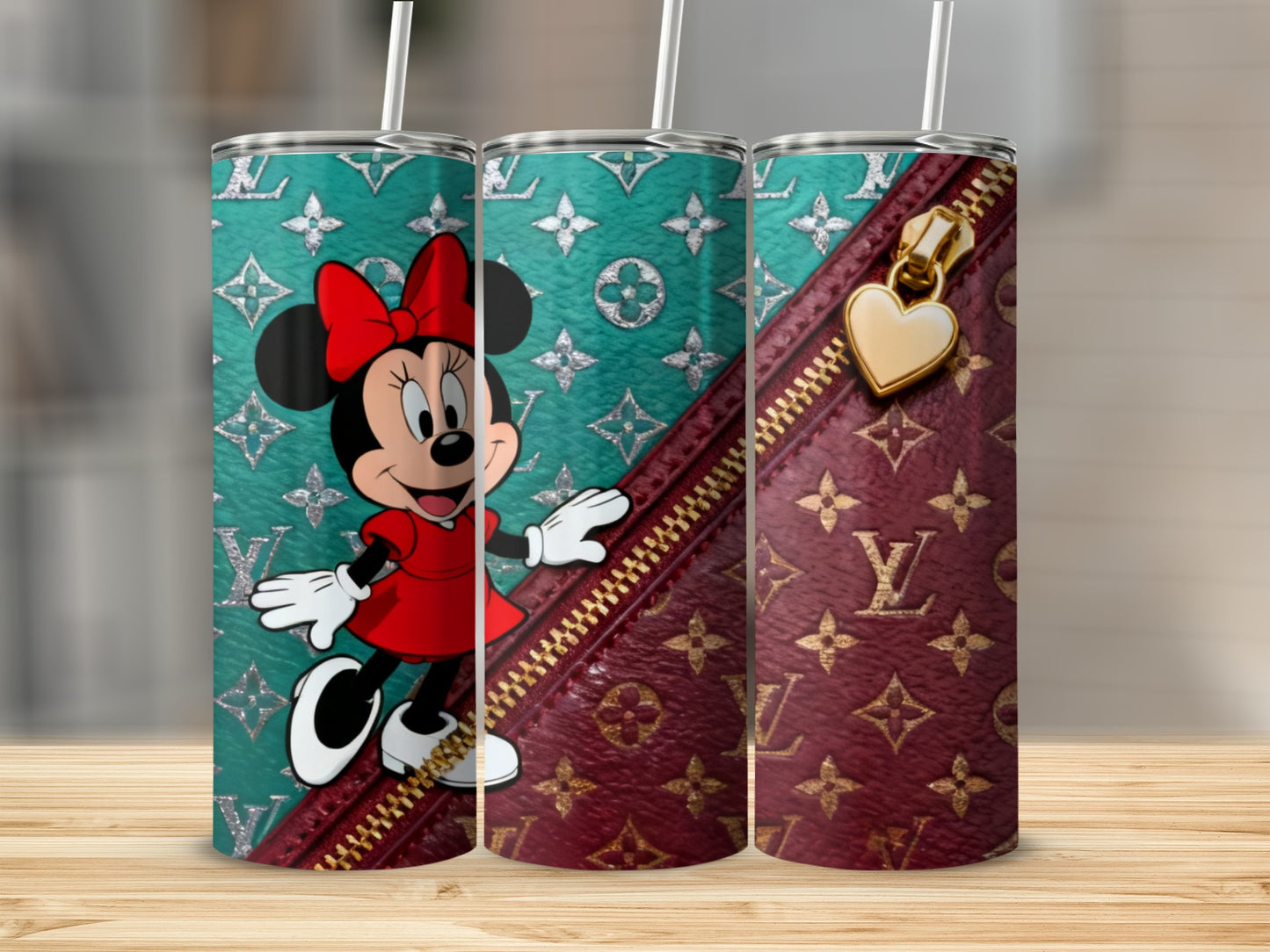 Minnie Mouse with designer logo pattern and gold zipper detail.