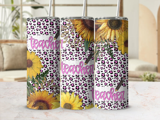 Pink leopard print tumbler with sunflowers and "Teacher" text.