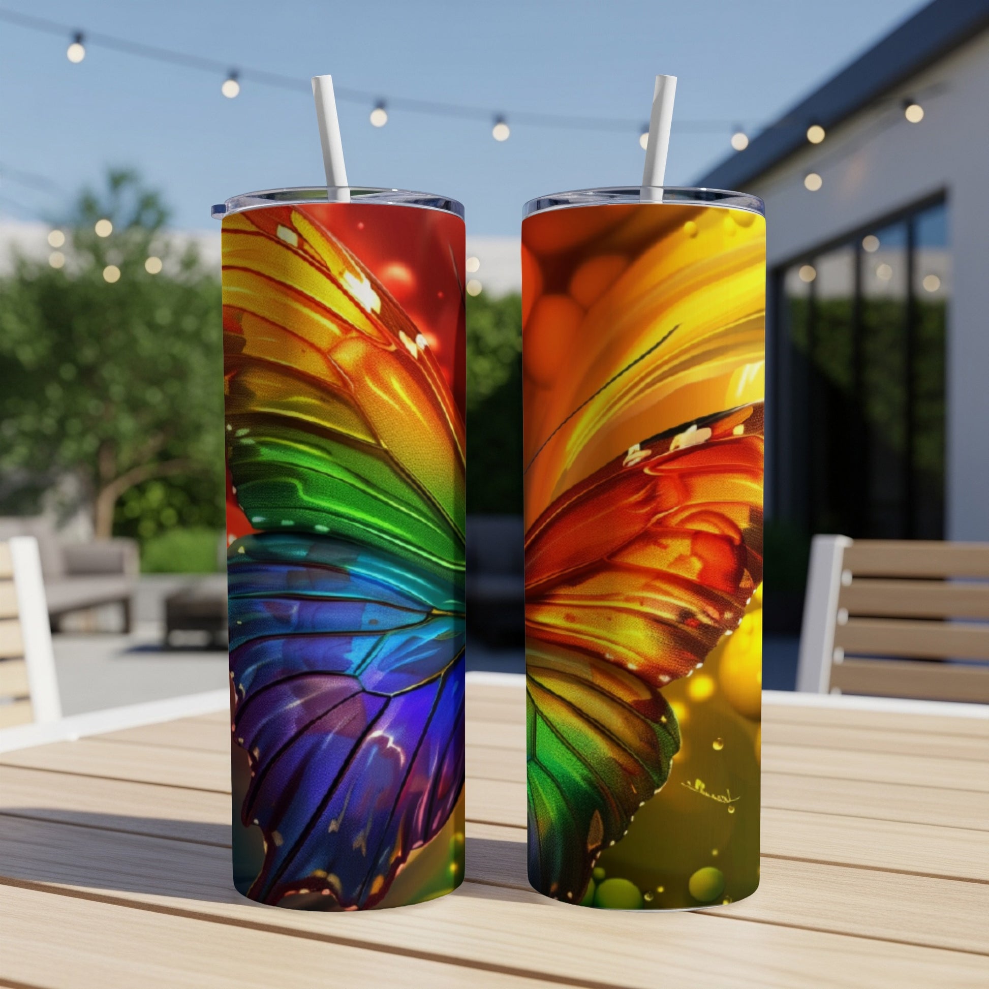 Rainbow butterfly wings wrap around two tumblers on a table.