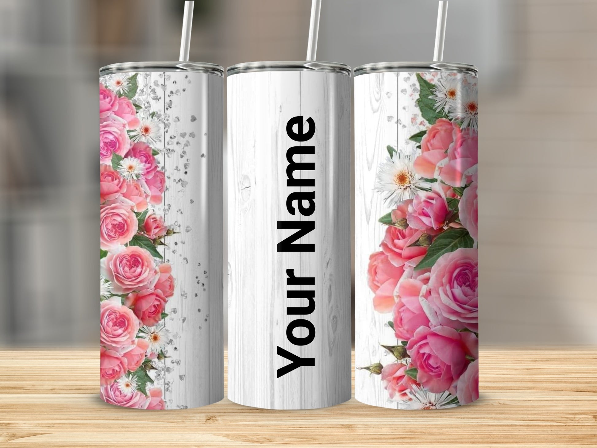 Personalized Floral Design Skinny Tumbler with Straw