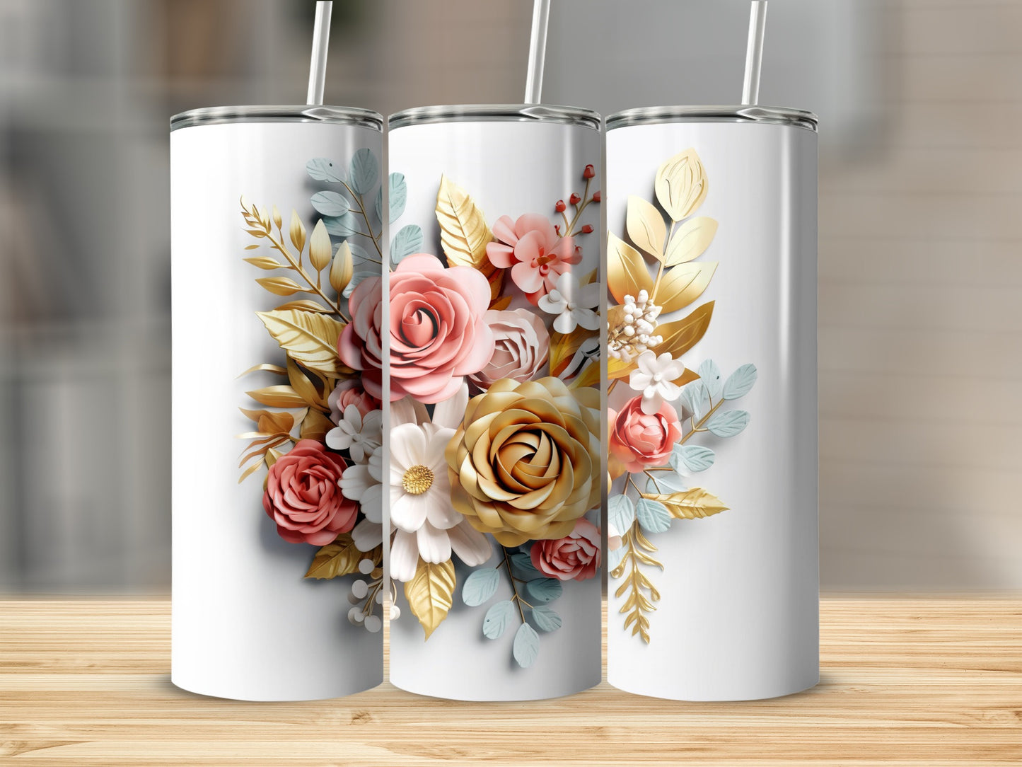 Floral Design Tumbler with Roses and Leaves Prints Cups