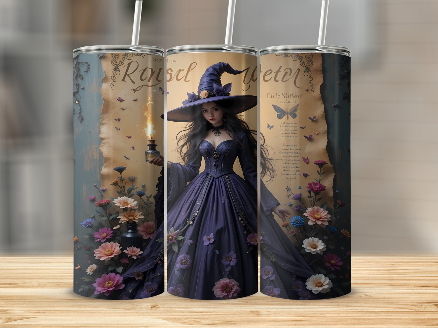 Tumbler with a witch and flowers design, featuring the words "Rinsel Weter".