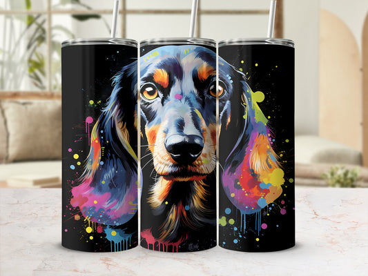 Dachshund portrait with colorful paint splatters on black tumblers.