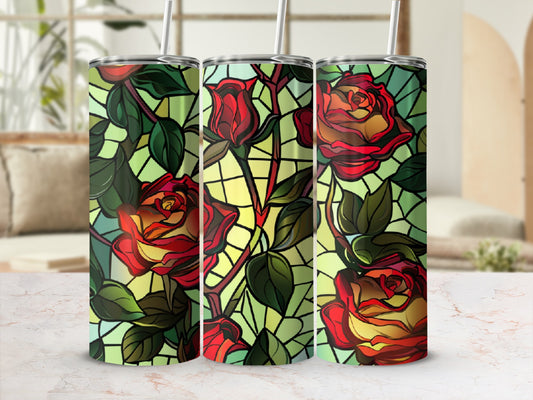 Three stained glass tumblers with red and yellow roses and green leaves.