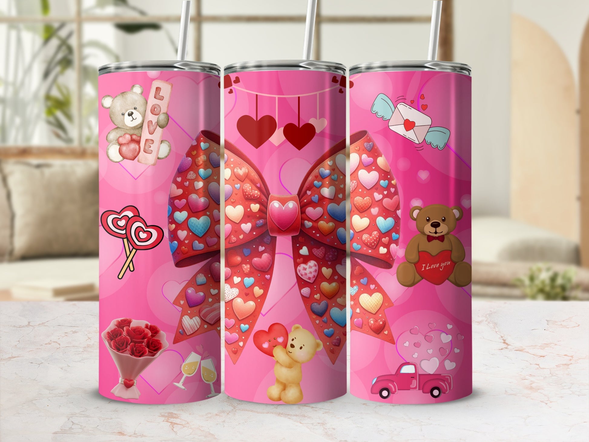 Valentine's Day Hearts and Bears Tumbler Design